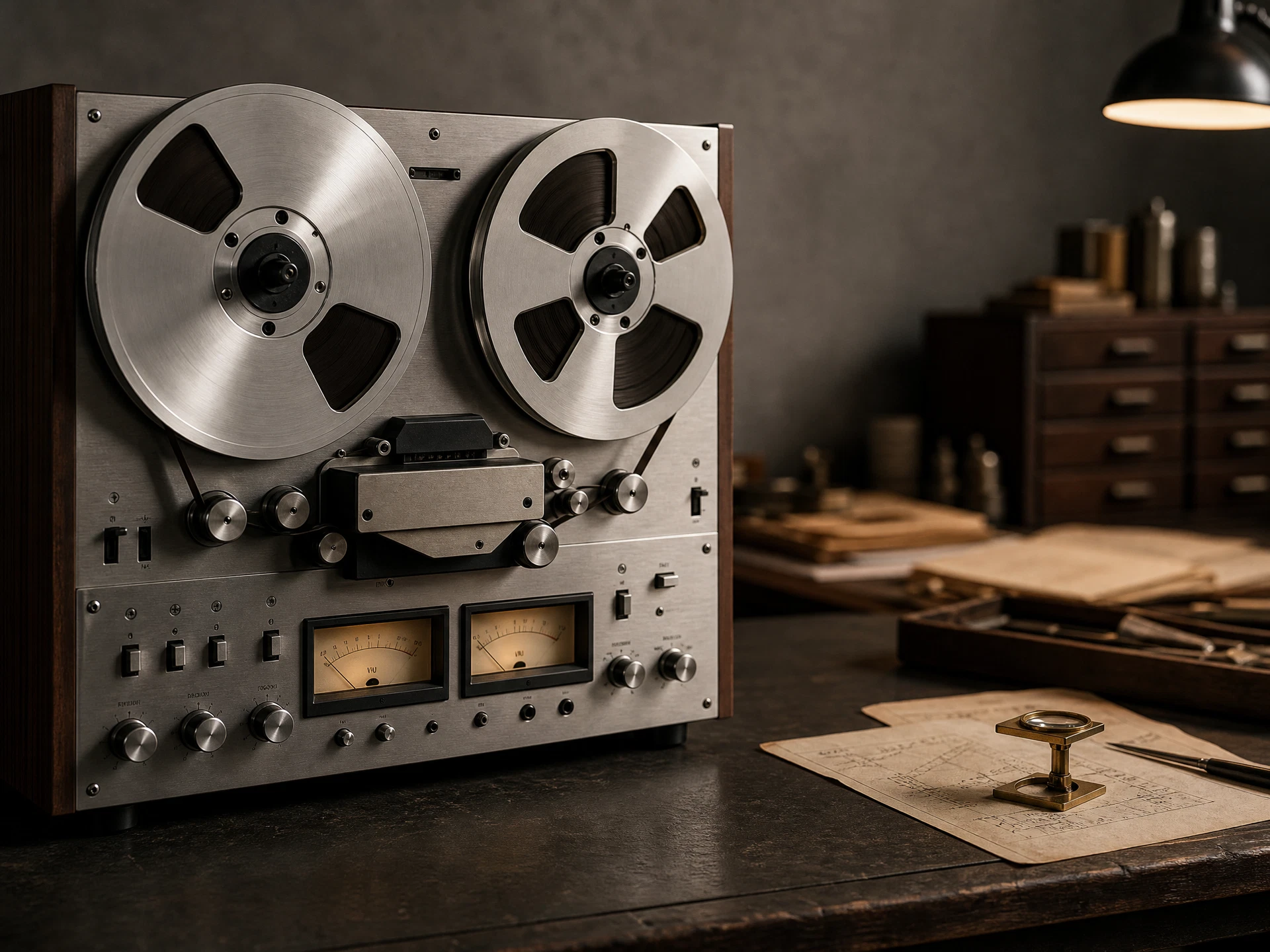 Mid-century reel-to-reel tape machine in a restoration workshop